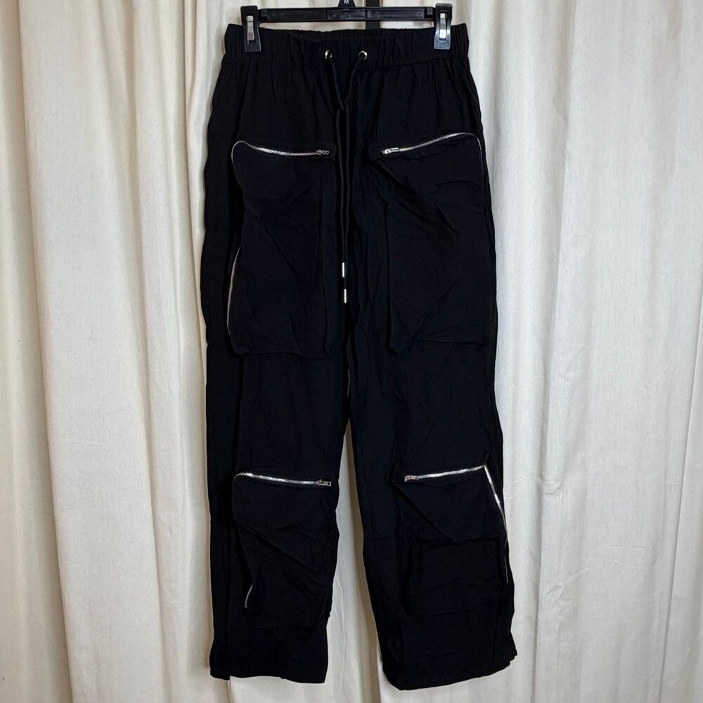 Fashion Nova Women’s Cargo Jogger Pants Black Size M Drawstring Zip Pockets gorp